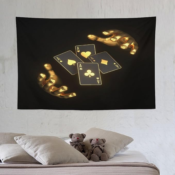 ZhiRain Poker Theme Tapestry Wall Hanging Modern Black Gold Playing Cards Art Printed Tapestries Home Decor for Living Room Bedroom Farmhouse Apartment Dorm 40"x60"