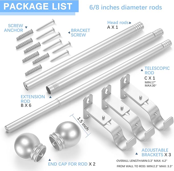 Curtain Rods for Windows 16 to 120 Inches, Curtain Rod Max Adjustable Length of 132 IN, 6/8" Diameter Drapery Rods Round Finials, Satin Silver, Pack of 1