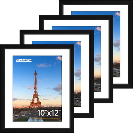 FIXSMITH 10x12 Picture Frame Set of 4, Photo Frame with HD Plexiglass, Display Pictures 7x9 with Mat or 10x12 Without Mat, Black Picture Frames Collage Wall Decor, Gallary Wall Frame