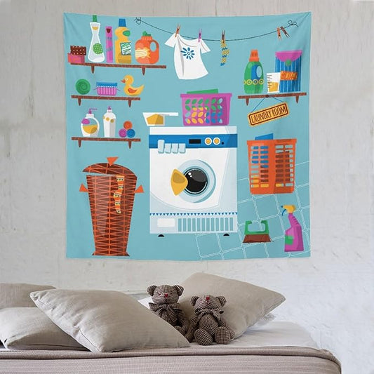 ZhiRain Laundry Room Tapestry Wall Hanging Wash Dry Fold Repeat Theme Print Tapestries Home Decor for Living Room Bedroom Farmhouse Apartment Dorm 60"x60"