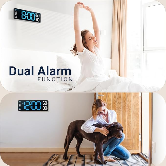 10" Digital Wall Clock: Dual Alarm Wall Mount Decor Clock for Living Room Classroom Office Desk, House Warming Gifts New Home Decor, Christmas Gift for Mom Dad Seniors Teen Blue
