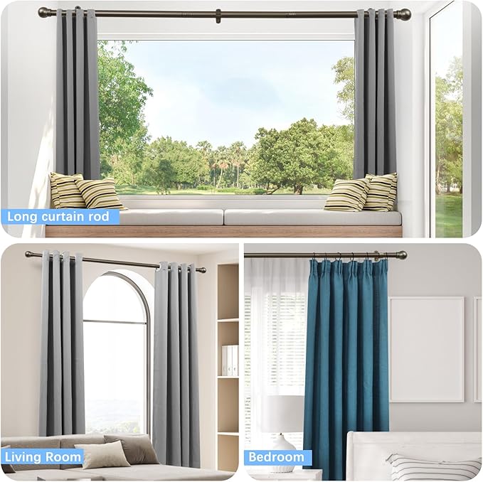 Curtain Rods for Windows 16 to 48 Inches, Curtain Rod Max Adjustable Length of 60 IN, 6/8" Diameter Drapery Rods Round Finials, Brown, Pack of 2