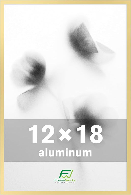 FrameWorks 12x18 Brushed Aluminum Poster Frames – Modern Brushed Metal Design w/Shatterproof Plexiglass, Perfect for Posters, Artwork, Paintings, Wall Displays – Home or Office Decor, Gold - 1 Pack