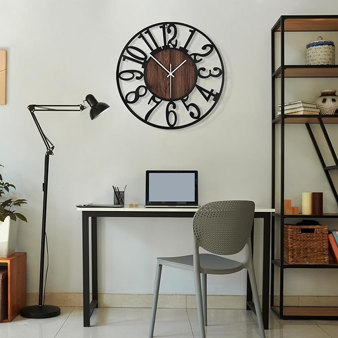 Maxstar Round Wall Clock for Living Room Decor Battery Operated Non Ticking Silent Vintage Black Metal Wood Clocks for Home Living Room Garden Farmhouse Office Kitchen Decoration -13 inch