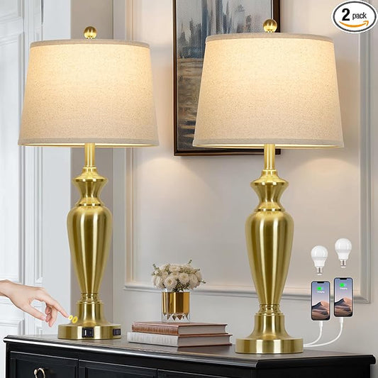 30" Tall Gold Table Lamps Set of 2, Touch Control Bedside Lamp with USB A+C Ports and AC Outlet, 3-Way Dimmable Modern Metal Nightstand Lamp for Bedroom Living Room, 2 LED Bulbs Included