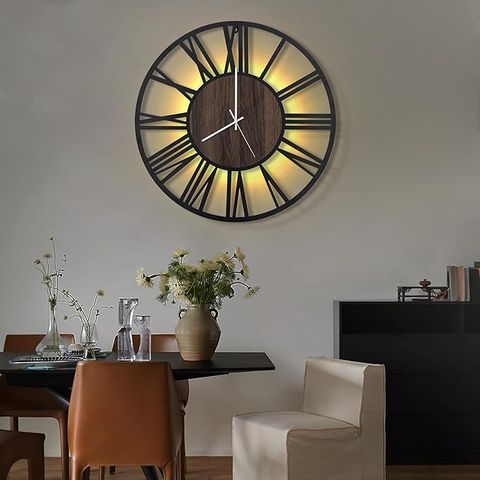 LEIKE Large LED Wall Clocks,Silent,Non Ticking,Battery Operated Rustic Round Modern Big Wood Wall Clock for Living Room, Bedroom,Kitchen,Farmhouse,Office,Home Decor -20" Black,LED,Roman Number