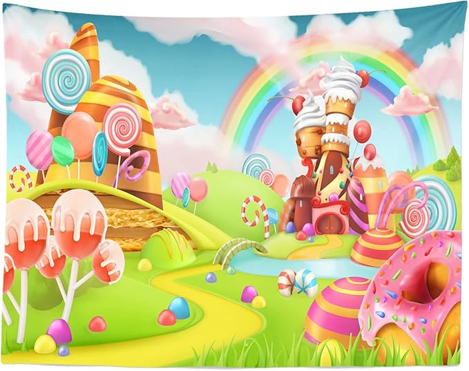 CORFOTO Candyland Wall Tapestry Sweet Cand Wall Hanging Macaron Lollipop Paradise Rainbow Tapestries for Childrens Room Decorations Kids Bedroom Dorm Decor Window Curtain 60Wx50H inches Fabric