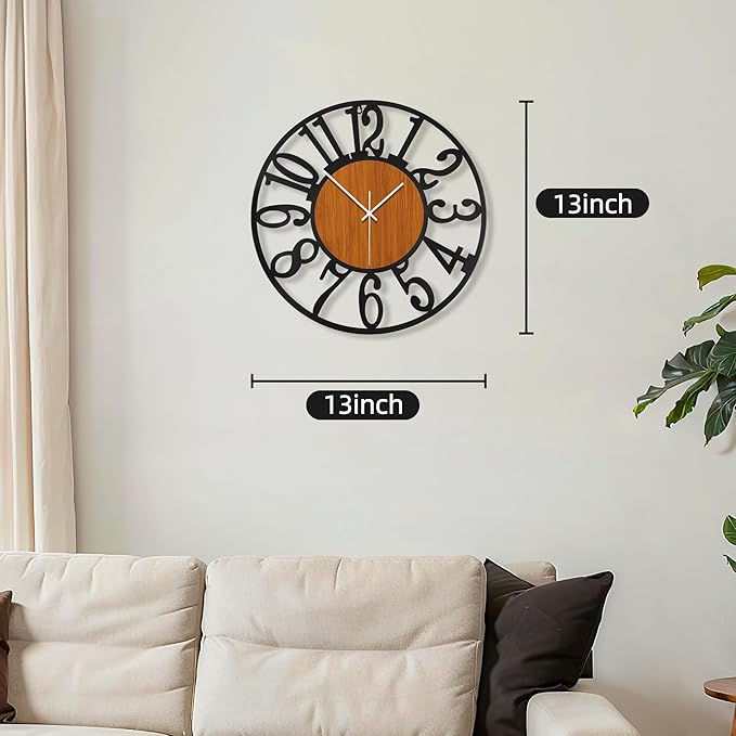 Maxstar Round Wall Clock for Living Room Decor Battery Operated Non Ticking Black Metal Wood Clocks for Home Living Room Garden Office Kitchen Decoration -13 inch