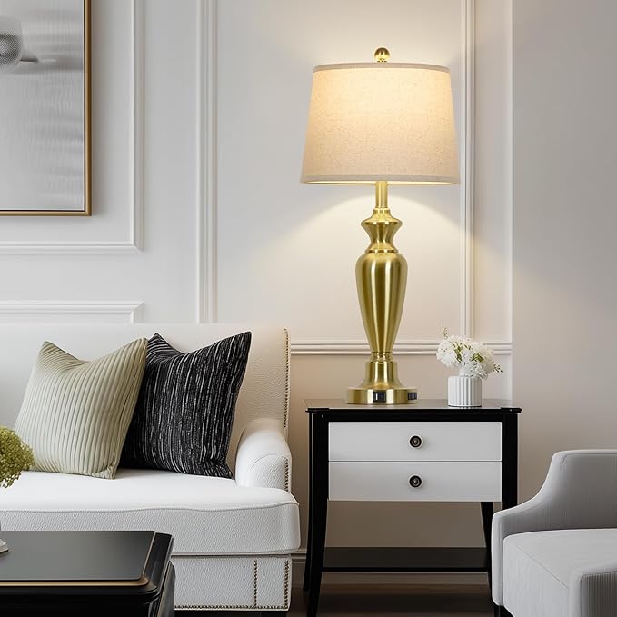 30" Tall Gold Table Lamp for Living Room, 3-Way Dimmable Touch Control Bedside Lamp for Bedroom Nightstand with USB A+C Ports & AC Outlet (1 Pack)