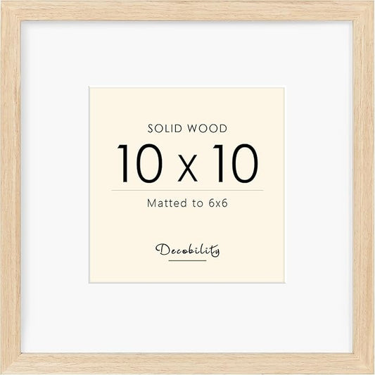 10x10 Picture Frame Made with Solid Wood, Display 6x6 with Mat or 10x10 Picture without Mat, 10 by 10 Natural Wood Picture frame with Tempered Real Glass, Tabletop or Wall Mounting Display, Oak