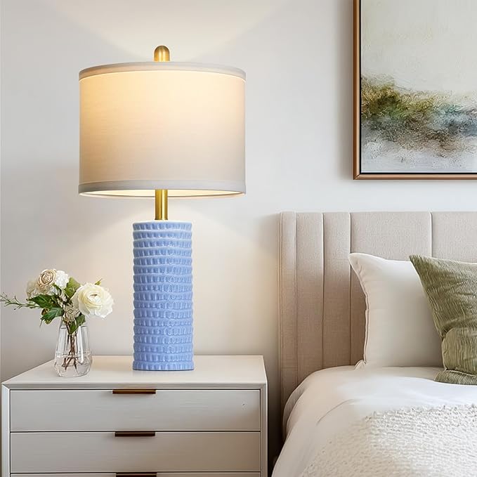 24.5" Table Lamp Set of 2, Modern Ceramic Bedside Lamps for Night Stands, Classic Small Lamp Nightstand Lamp for Bedroom Living Room Desk End Table Rotary Switch Blue