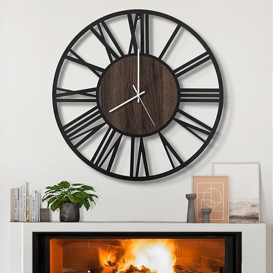 LEIKE Large Wall Clocks,Silent,Non Ticking,Battery Operated Big Retro Round Modern Wood Wall Clock for Living Room, Bedroom,Dinning Room,Farmhouse,Office,Home Decor-20 Inch(Black-Roman Numerals)