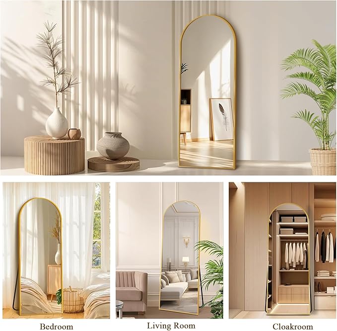 64"x21" Full Length Mirror with Stand, Shatterproof Arched Floor Mirror, Aluminum Alloy Thin Frame - Freestanding/Leaning/Wall Mount for Bedroom, Living Room & Entryway (Gold)