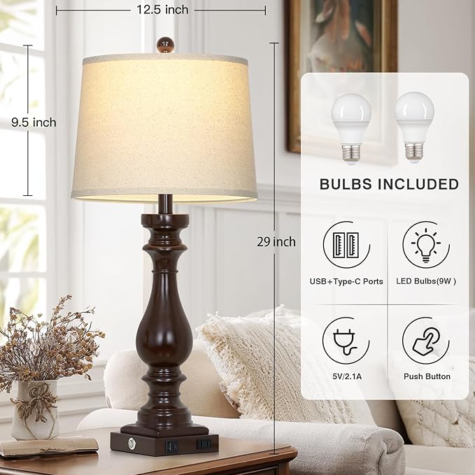 29" Tall Farmhouse Table Lamp for Living Room Set of 2,Vintage Retro Nightstand Lamps with USB C+A Ports & AC Outlet,3-Way Dimmable Touch Bedside Lamp for Bedroom Side Table,Dark Brown