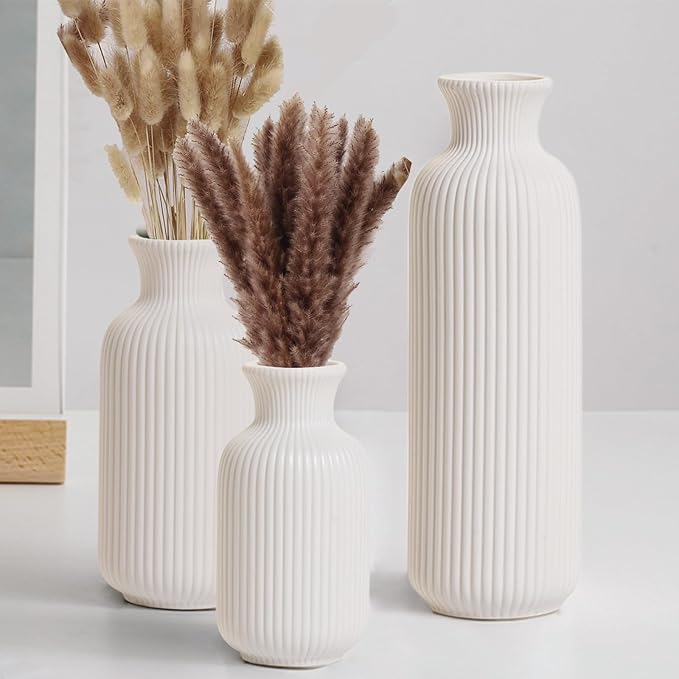 White Ceramic Vase Set of 3,Modern Vase Ribbed Design,Minimalist Decor Flower Vase for Table,Shelf,Farmhouse Vase for Decor（Vertical Ribbed Vase）
