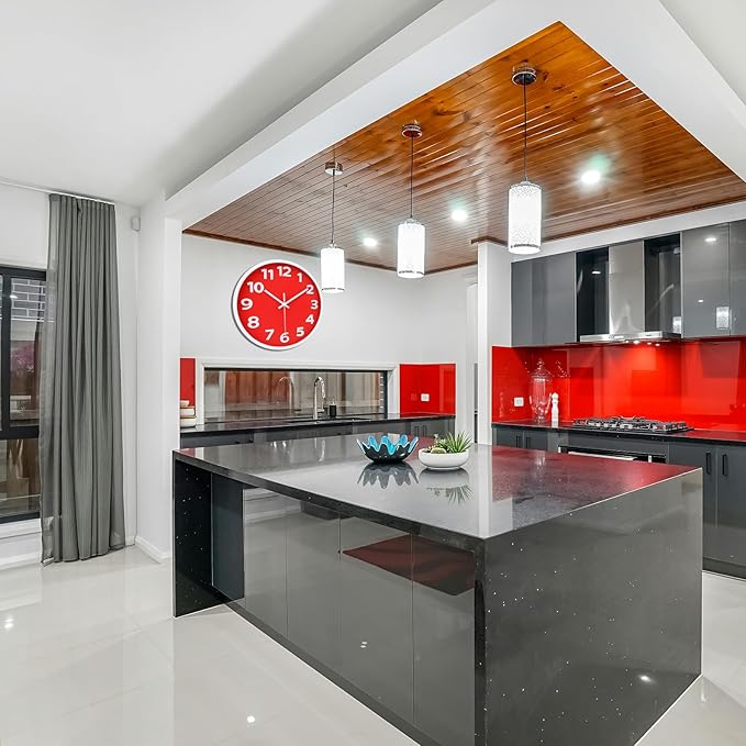 10 Inch Red Wall Clock with 3D Big Numbers, Modern Round Silent Quartz Clock, Easy to Read for Kitchen, for Home, Office, Farmhouse Decor