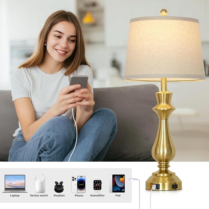 Modern Gold Table Lamps Set of 2 for Living Room,30" Tall Bedside Lamp with USB Charging Port,3-Way Dimmable Touch Nightstand Lamp for Bedroom Desk Side Table Office,Gold