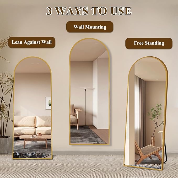 64"x21" Full Length Mirror with Stand, Shatterproof Arched Floor Mirror, Aluminum Alloy Thin Frame - Freestanding/Leaning/Wall Mount for Bedroom, Living Room & Entryway (Gold)