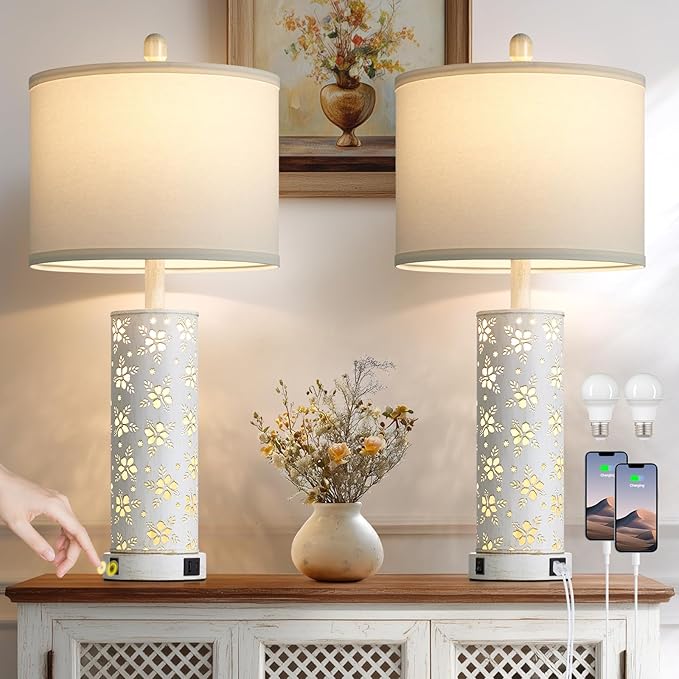 Set of 2 Rustic Table Lamps for Living Room Bedroom, Vintage Farmhouse Nightstand Lamp with 2 USB Ports, Hollow Out Metel Lamp for End Table with Nightlight (Retro White)