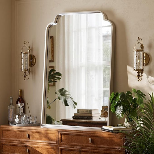 GLSLAND 24"x36" Silver Petal Arch Bathroom Mirror Wall Mounted Vanity Scalloped Mirror for Over Sink Modern Decorative Arched Wall Mirror - for Bedroom Living Room Entryway