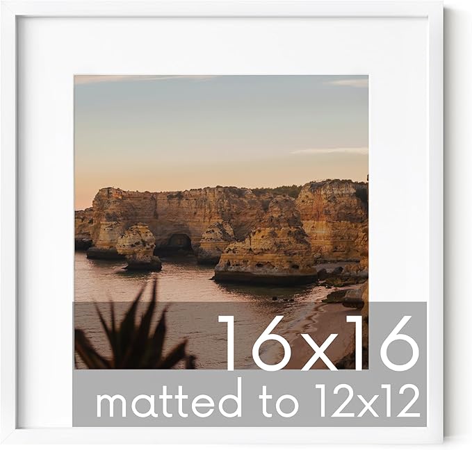HAUS AND HUES 16x16 White Metal Frame Matted to 12x12 - Premium Aluminum & Hanging Hardware, Shatterproof Plexiglass - Ideal for Home, Room, Office (16x16 in, White, Set of 1)