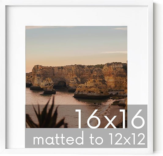 HAUS AND HUES 16x16 White Metal Frame Matted to 12x12 - Premium Aluminum & Hanging Hardware, Shatterproof Plexiglass - Ideal for Home, Room, Office (16x16 in, White, Set of 1)