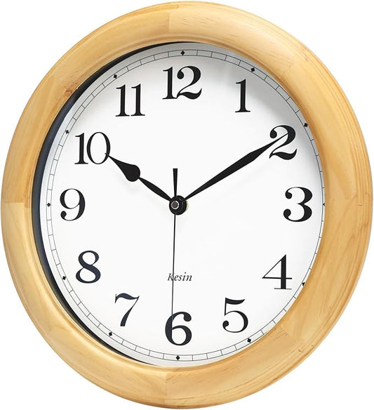Kesin Wooden Wall Clocks 14 Inch Silent Wall Clock Large Decorative Battery Operated Non Ticking Analog Modern Clock for Living Room Kitchen Bedroom, Natural Grain