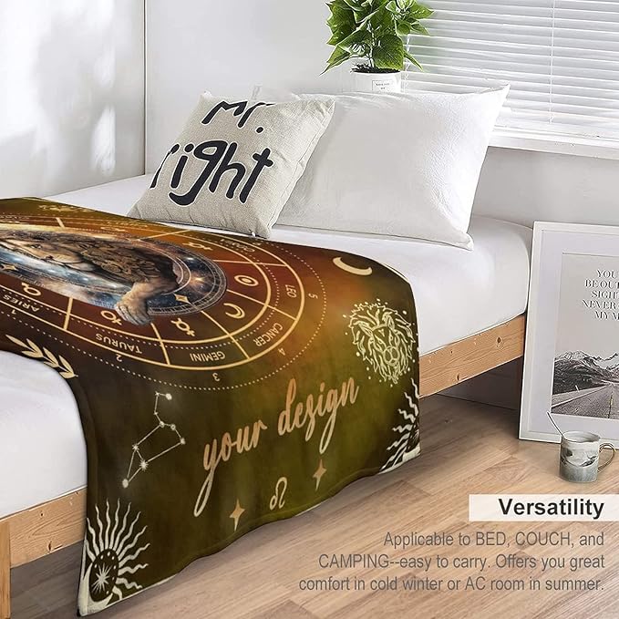 Custom Leo Blanket Gifts, 50" x 40" Rectangular Flannel Zodiac Throw Blanket Cozy, Personalized Gift for Boys Girls Teen Women Men Tarot Cards Lovers Birthday Anniversary Festival