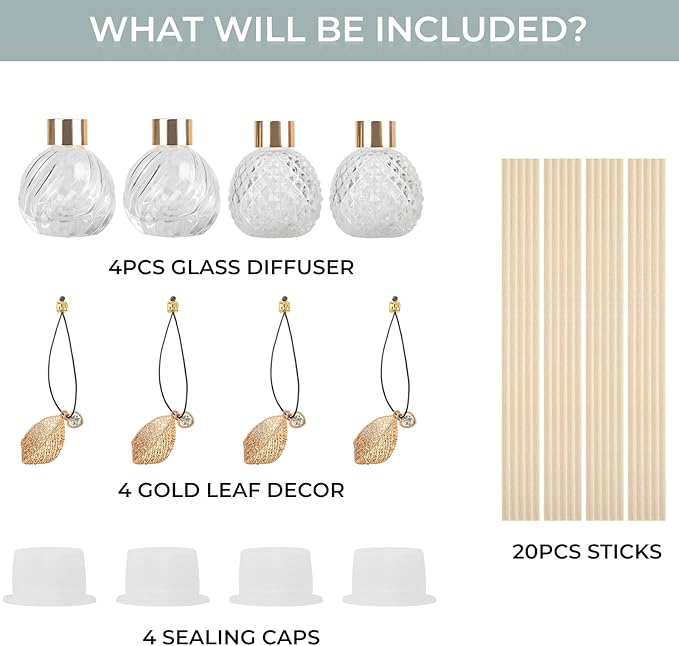 4Pcs Reed Diffuser Set with Metal Golden Decoration, Empty Reed Diffuser Bottles with 20Pcs Reed Diffuser Sticks, Unique Design Bottles for Home and Office(2 Spiky Ellipsoidal+2Twill)