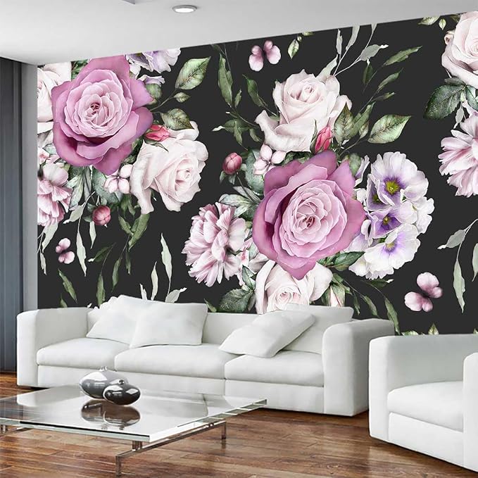 Seamless Pattern of Flowers and Exotic Leaves on a Black Background. Floral Roses and Peonies Wall Mural(Non-self-Adhesive)