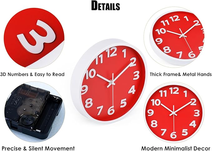 10 Inch Red Wall Clock with 3D Big Numbers, Modern Round Silent Quartz Clock, Easy to Read for Kitchen, for Home, Office, Farmhouse Decor