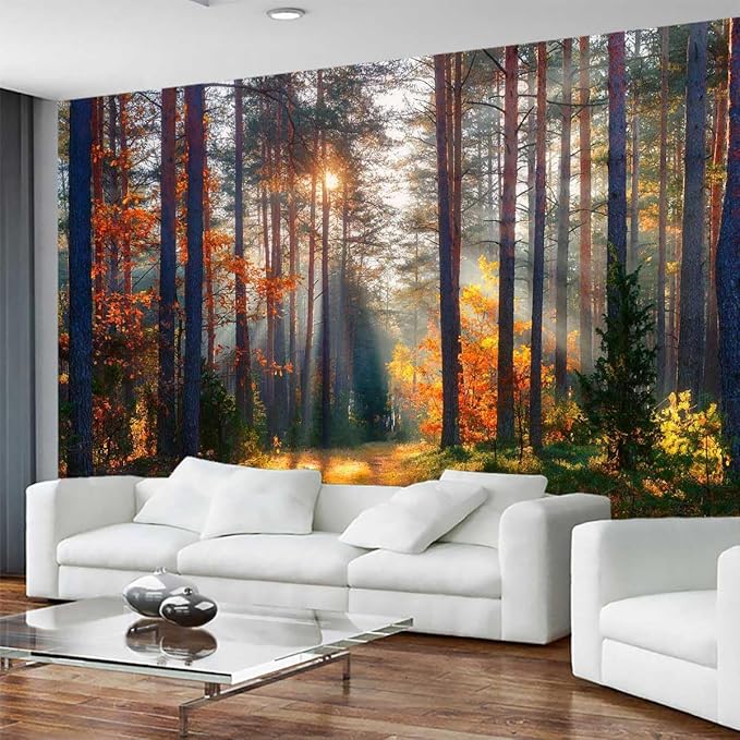 Autumn Sunshine in The Woods Wallpaper, Natural Landscape Mural, Modern Living Room Bedroom Backdrop Wall Mural(Non-self-Adhesive)