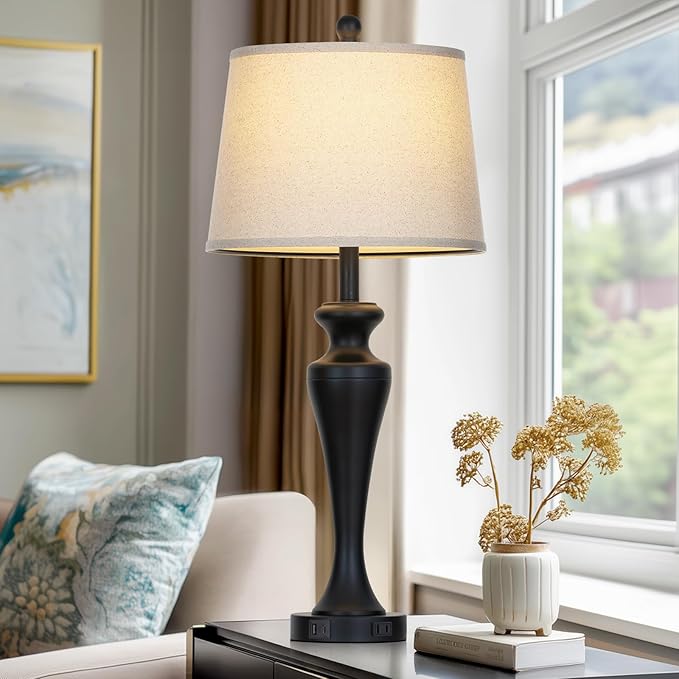 30" Black Table Lamps Set of 2, Touch Control Tall Living Room Lamp with USB A+C Ports and AC Outlet, 3-Way Dimmable Bedside Lamps for Nightstand, Modern Metal Bedroom Lamp, 2 Bulbs Included