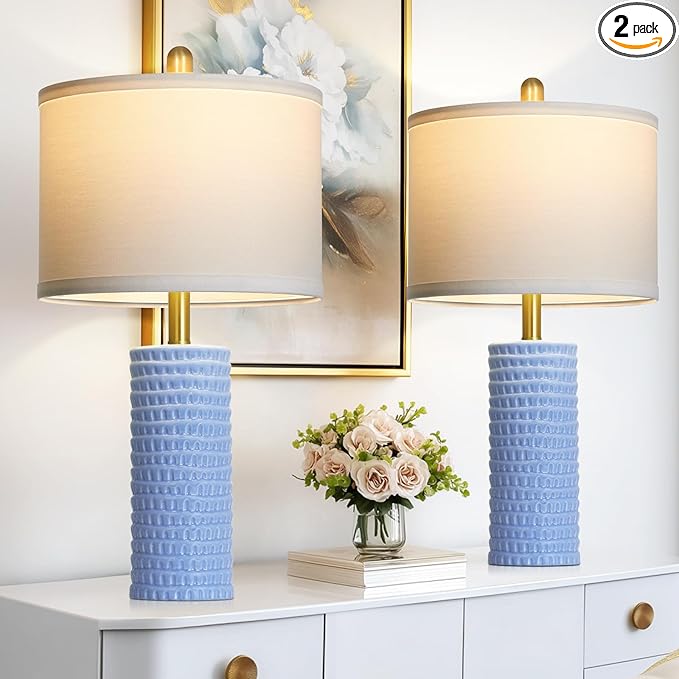 24.5" Table Lamp Set of 2, Modern Ceramic Bedside Lamps for Night Stands, Classic Small Lamp Nightstand Lamp for Bedroom Living Room Desk End Table Rotary Switch Blue