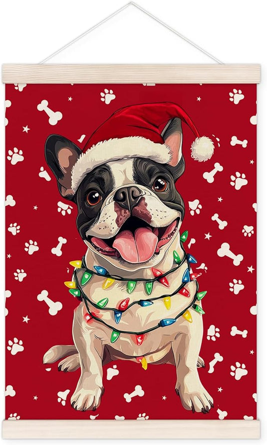 Funny French Bulldog Poster Hanger with Wood Frame, Christmas Dog Wall Art Decor for Home, French Bulldog Gifts for Women, Xmas Frenchie Dog Posters for Bedroom Living Room Decor, 12x16 Inch