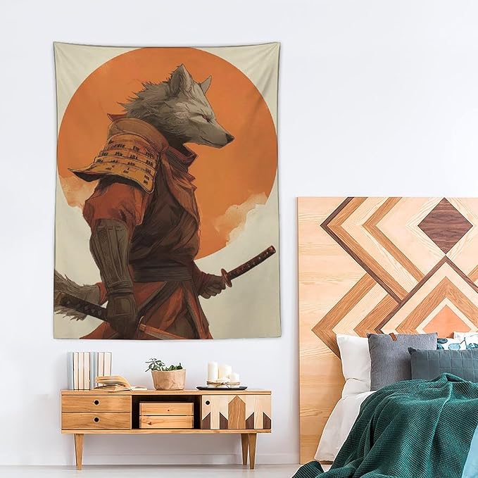 JYOUQOC Wolf Samurai Tapestry Flag Backdrop Wall Hanging Large Wall Art Decor for Dorm Office Bedroom Living Room 60"×80"