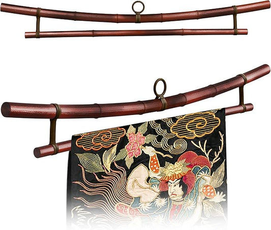 Smoked Bamboo Tapestry Holder, Rug Wall Hanger, Tapestry Wall Hanger, Obi Textile Hanger - Zen Pagoda Style Up to 19", 23", 30" or 36" - Japanese Ikat Kimono Display - Authentically Handmade (Fits 23 Inch tapestry)