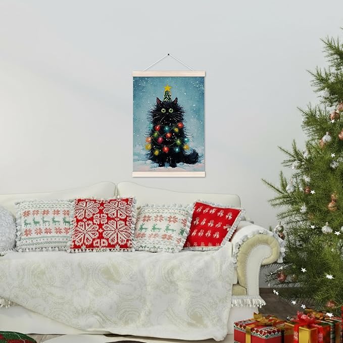 Black Cat Christmas Poster Hanger with Wood Frame, Funny Christmas Winter Wall Art Decor for Home, Cute Black Cat Xmas Tree Holiday Posters for Bedroom Living Room Decor, 12x16 Inch