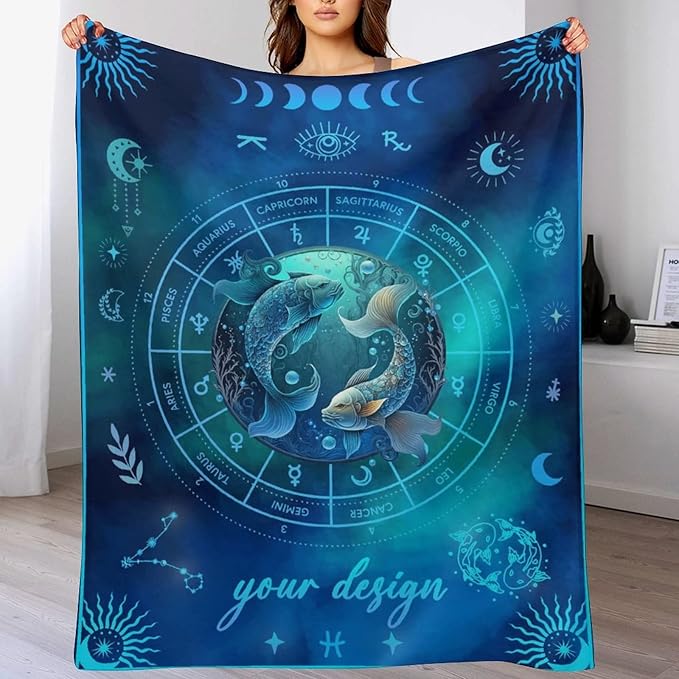 Custom Pisces Blanket Gifts, 50" x 40" Rectangular Flannel Zodiac Throw Blanket Cozy, Personalized Gift for Boys Girls Teen Women Men Tarot Cards Lovers Birthday Anniversary Festival