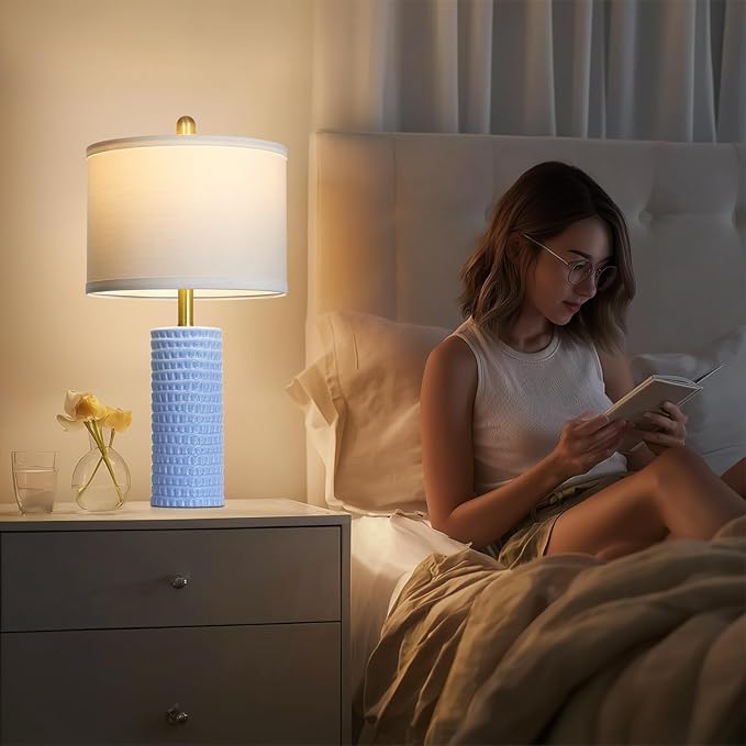24.5" Table Lamp Set of 2, Modern Ceramic Bedside Lamps for Night Stands, Classic Small Lamp Nightstand Lamp for Bedroom Living Room Desk End Table Rotary Switch Blue
