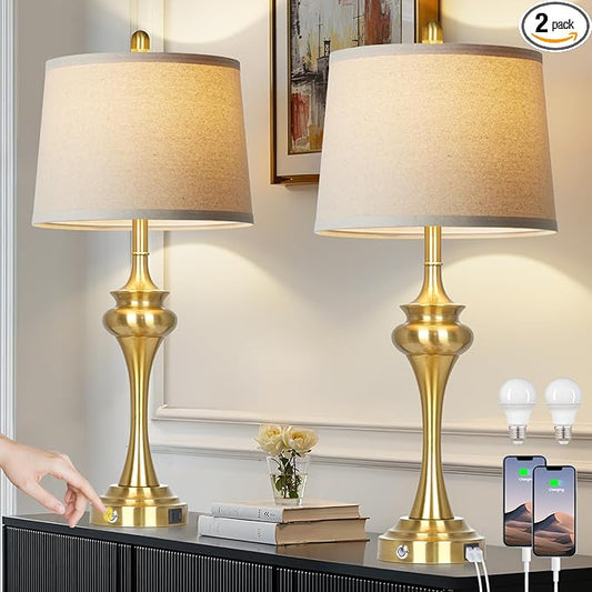 30" Gold Tall Table Lamps for Living Room, Touch Control Modern Bedroom Table Lamp with USB A+C Ports, 3-Way Bedside Lamps Set of 2, Elegant Metal Lamp for Night Stand Desk Side Table Office