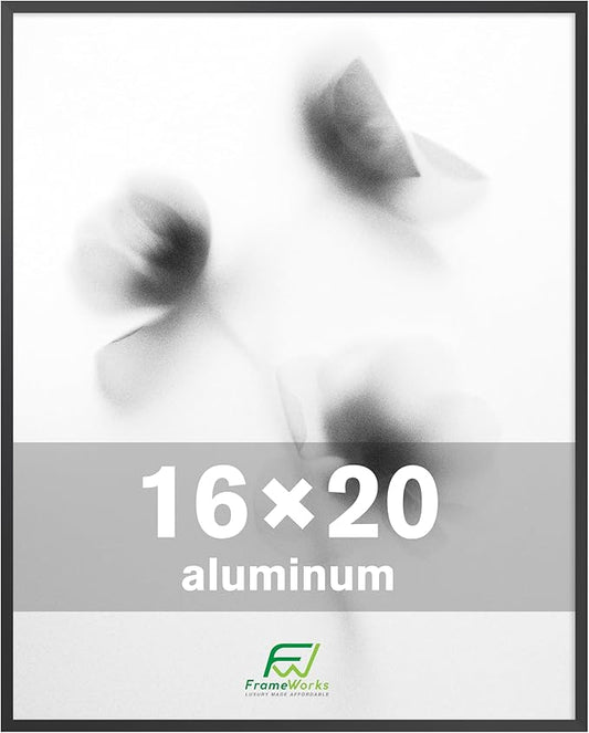 FrameWorks 16x20 Brushed Aluminum Poster Frames – Modern Brushed Metal Design w/Shatterproof Plexiglass, Perfect for Posters, Artwork, Paintings, Wall Displays – Home or Office Decor, Black - 1 Pack