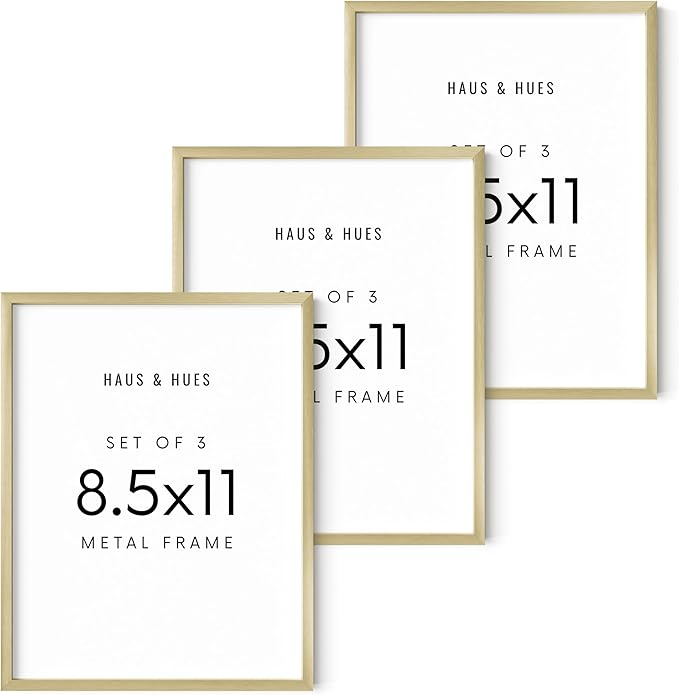 HAUS AND HUES 8.5x11 Gold Metal Picture Frames - Features Premium Aluminum, Vertical & Horizontal Hang, Shatterproof Plexiglass - Perfect for Home, Room, Office (8.5x11 in, Gold, Set of 3)