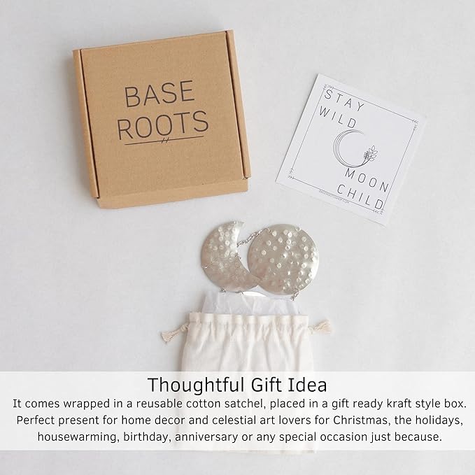 BASE ROOTS Moon Phase Wall Decor, Silver Wall Art for Bedroom, Bohemian and Astrology, Witchy Aesthetic 34" 7 Phases Metal Moon Wall Banner, Celestial Decoration, Gift for Women & Kids