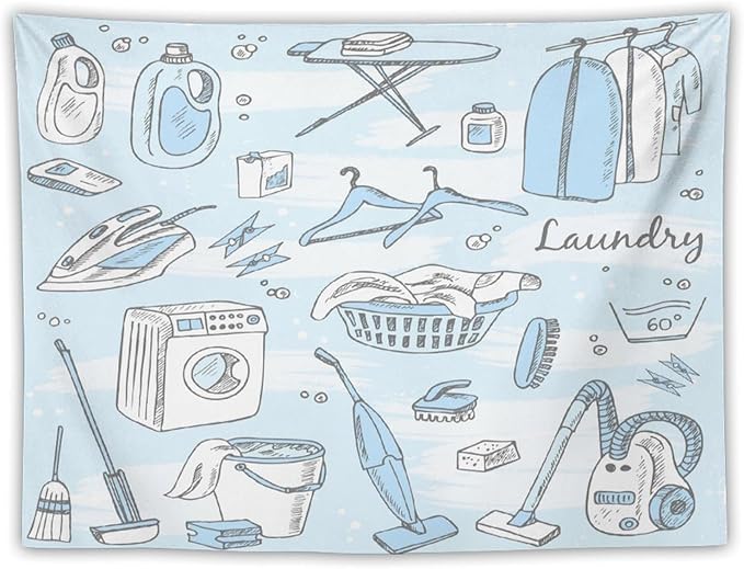 ZhiRain Laundry Room Tapestry Wall Hanging Blue Laundry Theme Tapestries Home Decor for Living Room Bedroom Farmhouse Apartment Dorm 30"x40"