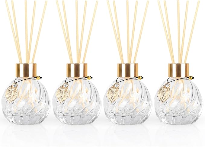 4Pcs Reed Diffuser Set with Metal Golden Decoration, 3.5oz Empty Reed Diffuser Bottles with 20Pcs Reed Diffuser Sticks, Unique Design Bottles for Home and Office(Twill)