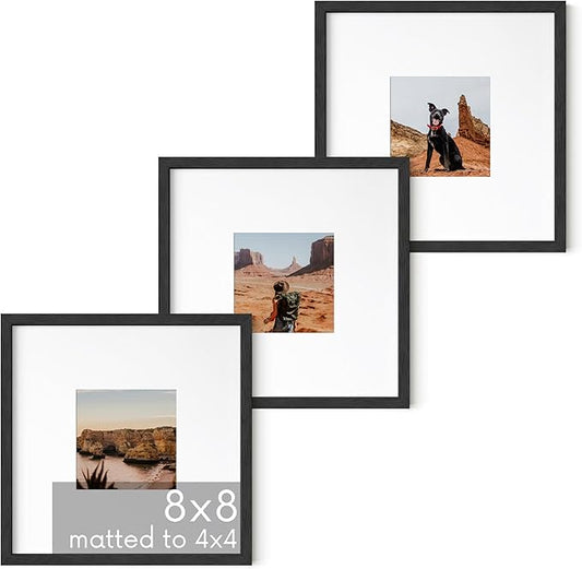 HAUS AND HUES Solid Oak Wood 8”x8” Picture Frames Matted to 4”x4” Set of 3 - Black Square Frames, 8x8 Black Photo Frames, Square Picture Frames, 8 x 8 Black Picture Frame Set (Black Frame)