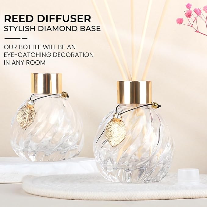 4Pcs Reed Diffuser Set with Metal Golden Decoration, 3.5oz Empty Reed Diffuser Bottles with 20Pcs Reed Diffuser Sticks, Unique Design Bottles for Home and Office(Twill)