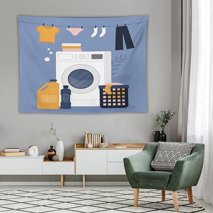 ZhiRain Laundry Room Tapestry Wall Hanging Simple Drawn Wash Dry Fold Repeat Tapestries Home Decor for Living Room Bedroom Farmhouse Apartment Dorm 60"x80"