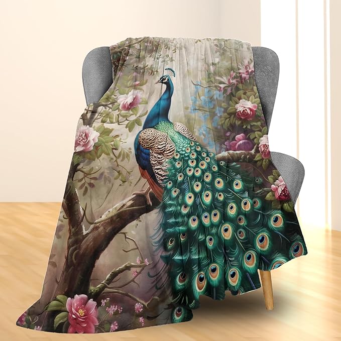 Peacock Blanket - Soft, Cozy, Lightweight Flannel Throw Blankets for Couch, Bed, and Travel - Fuzzy, Fluffy Decor Perfect for Outdoor Use and Home Decor, for Adults Women Girls 50×40 in